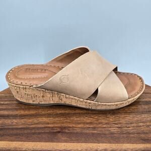 Born Lola Sandals Womens 7 M Natural Tan Leather Cross Strap Wedge Slides
